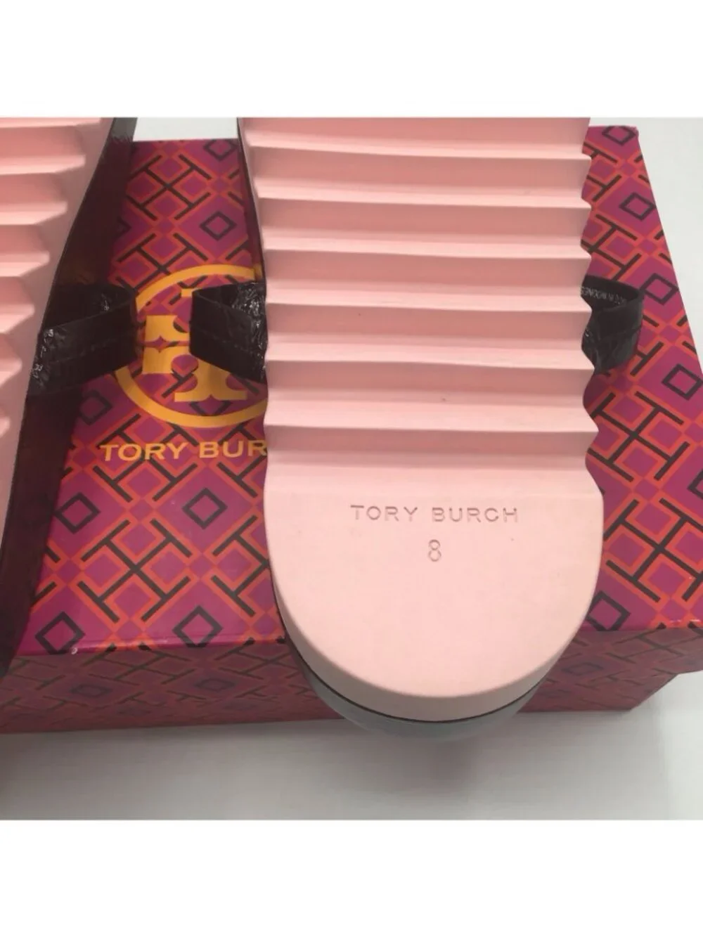 Tory Burch Miller Cloud Lug Black Pink Patent Leather Petunia Sandals Sz 8
